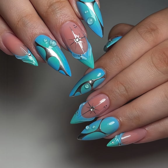 Cross-border hot-selling almond-shaped fake nails, sweet and cool three-dimensional water ripples, silver texture texture, fashionable wear nail pads