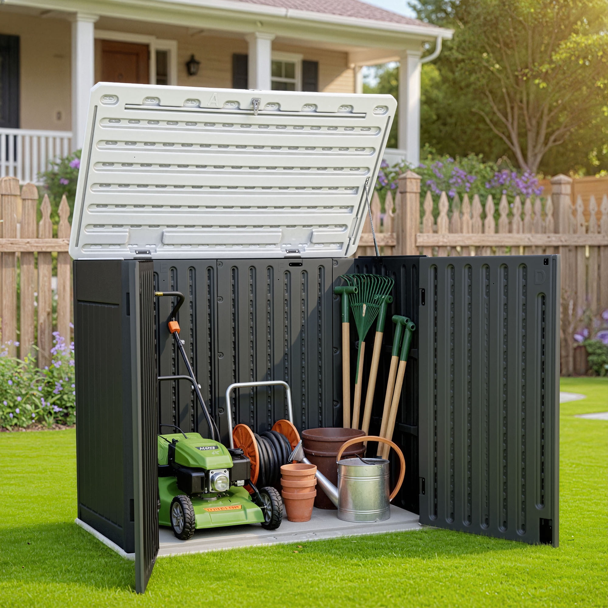 Uforic Large Outdoor Storage Shed, 47 Cu Ft Resin Tool Shed Without Shelves, Waterproof Outdoor Storage with Built-In Floor for Trash Cans, Garden Tools and Lawn Mowers, Lockable Design, Dark Gray