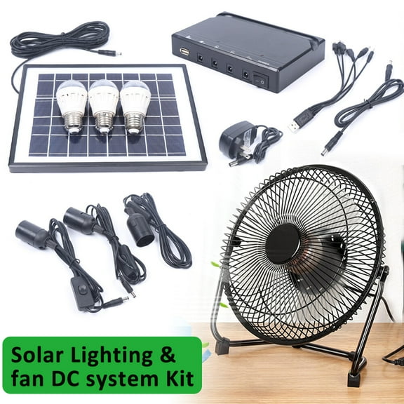 Solar Powered 8 inch Fan Kit with Solar Panel, 5W Solar Camping Fans 3 LED Lights USB Charging Port, 4000mAh 10.6 Inch Rechargeable Portable Fan, 110V Dual Charging for Home, Camping, Travel