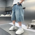 thumbnail image 3 of Boys' Denim Shorts - Blue, Elastic Waist, Roll-Up Cuffs, Comfortable Fit, Casual Wear Back To School Outfits, 3 of 5