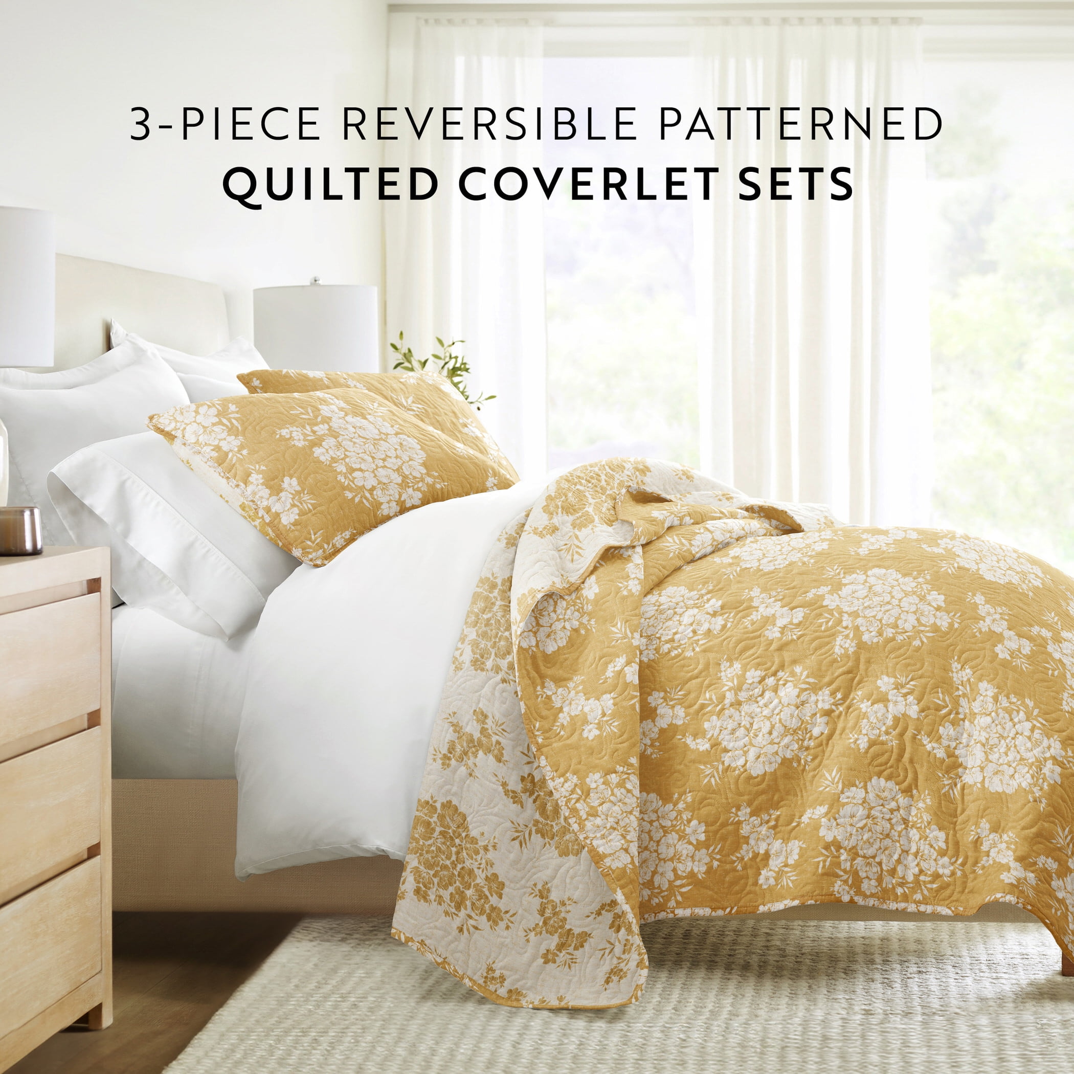 Noble Linens 3-Piece Mustard Distressed Bouquet Reversible Quilt Set, Queen