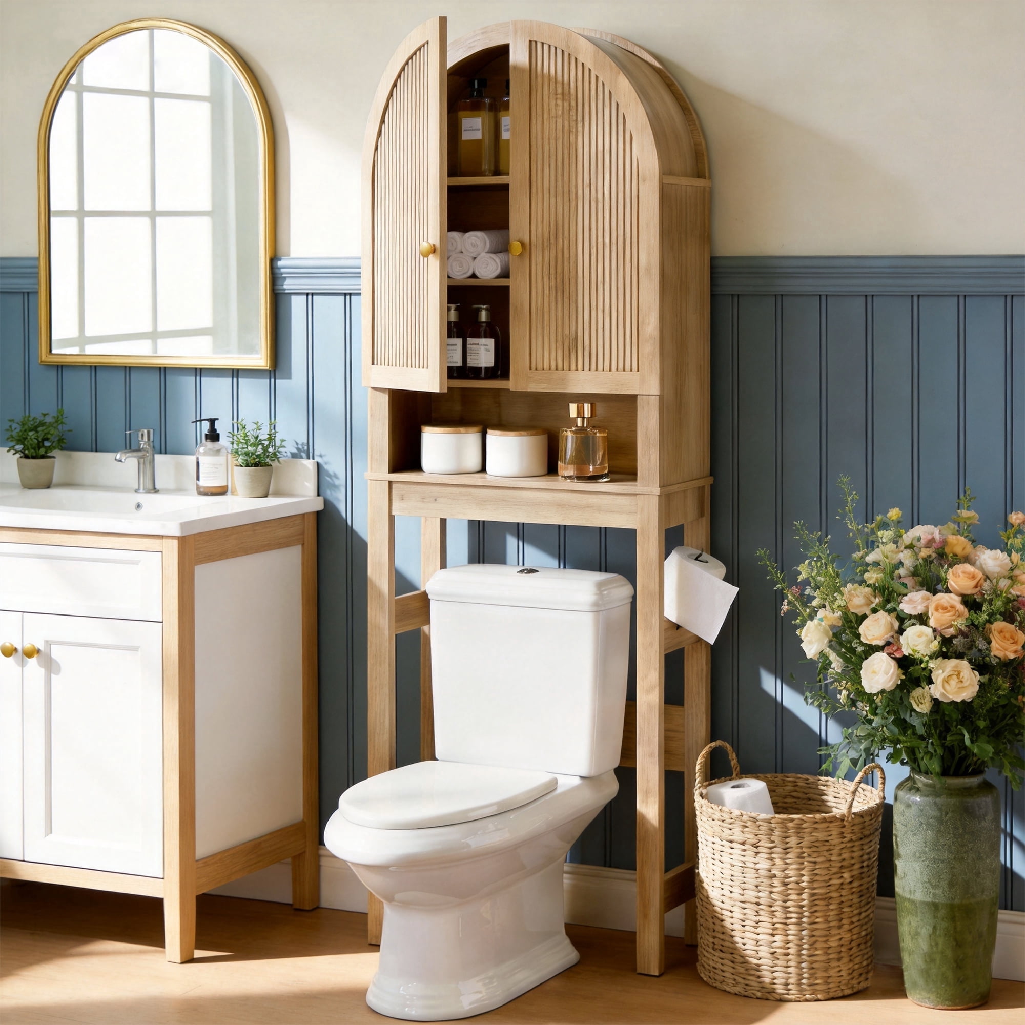 HMstone Over The Toilet Storage Cabinet, 23.7’’W Bathroom Storage Shelf Organizer with Doors, Freestanding Above The Toilet Storage Cabinet with Adjustable Shelf for Bathroom, Natural