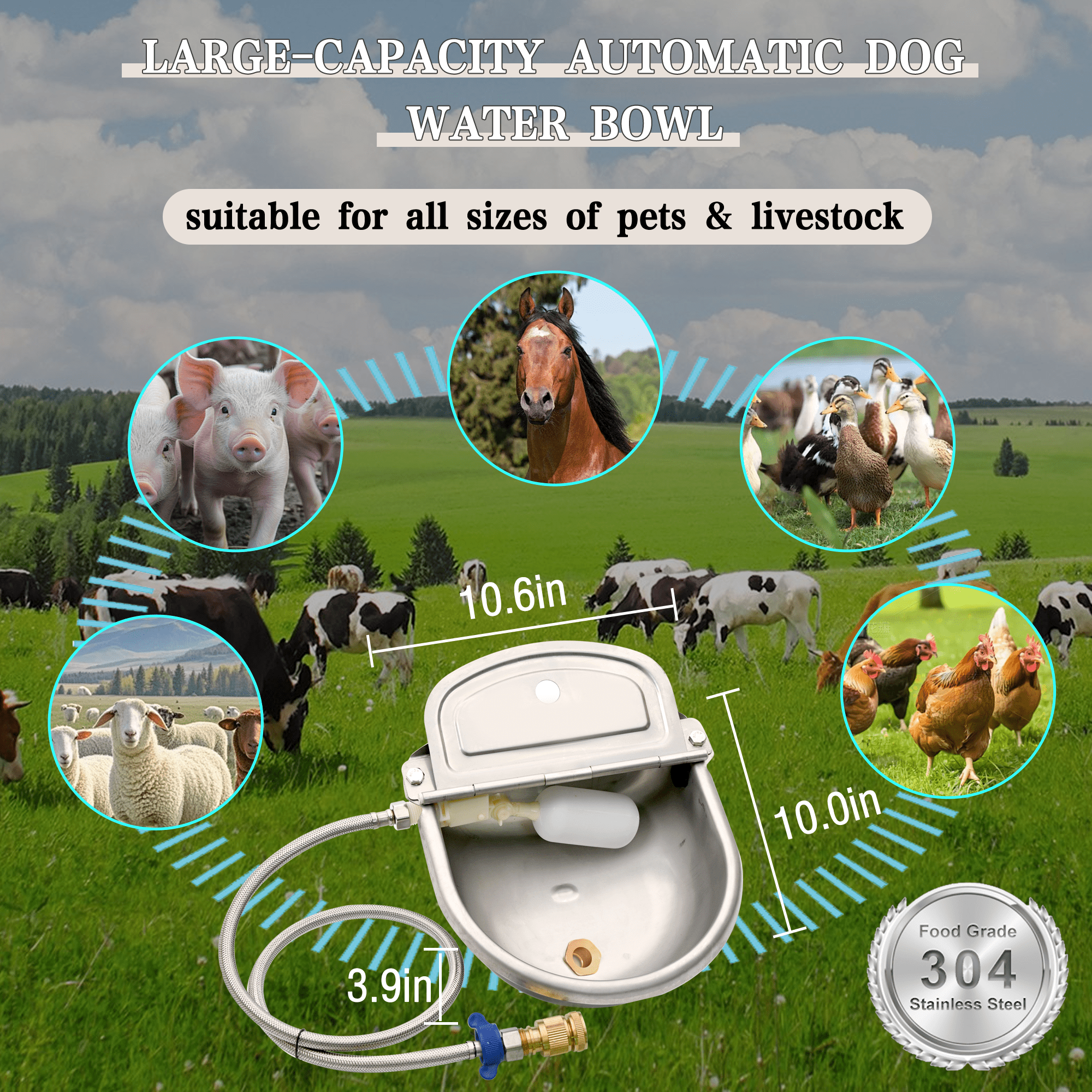 Boajf Automatic Dog Water Dispenser 1 Gallon with Drainage System & Auto Refill, 304 Stainless Steel, Includes Waterer, Drainage Water Valve, 2 Float Valve, Hose Quick Connector, for Horse, Chicken