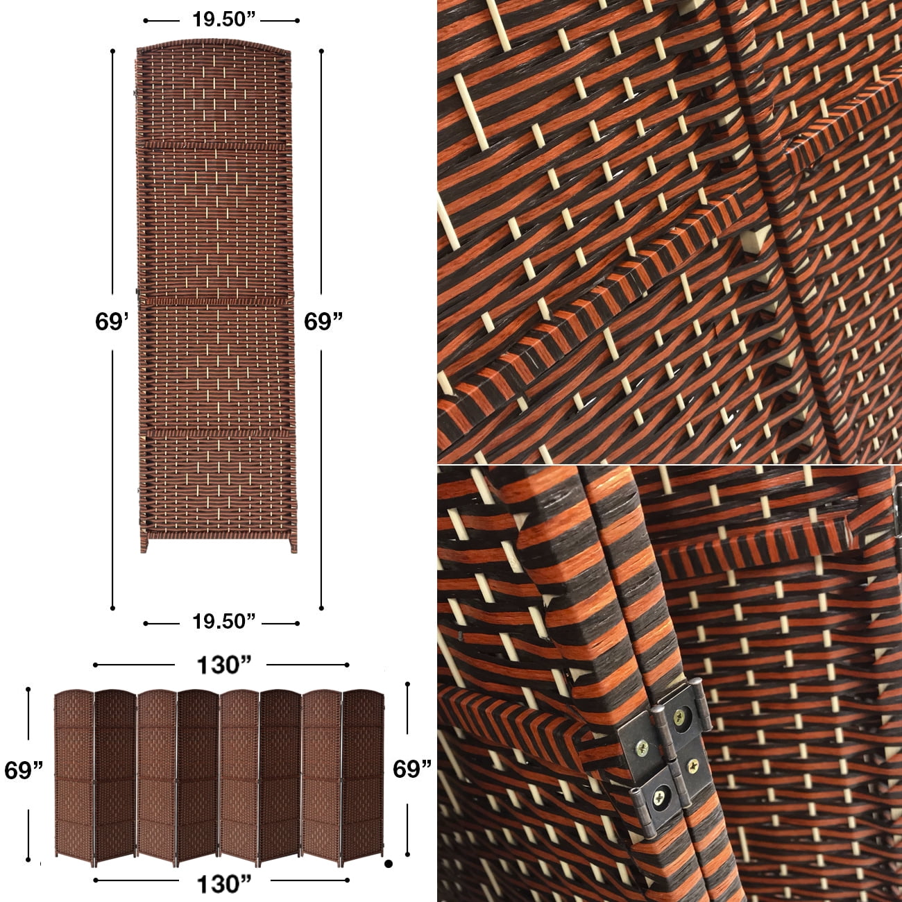 Extra Wide - Diamond Weave Fiber Room Divider, 8 Panel (Brown)
