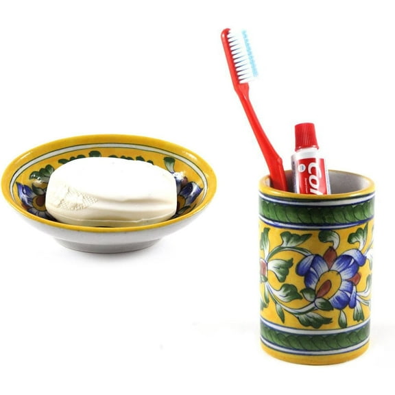 India Meets India Handicraft Ceramic Soap Dish and Toothbrush Holder Bathroom Accessories Set, Best Gifting, Made by Awarded Indian Artisan