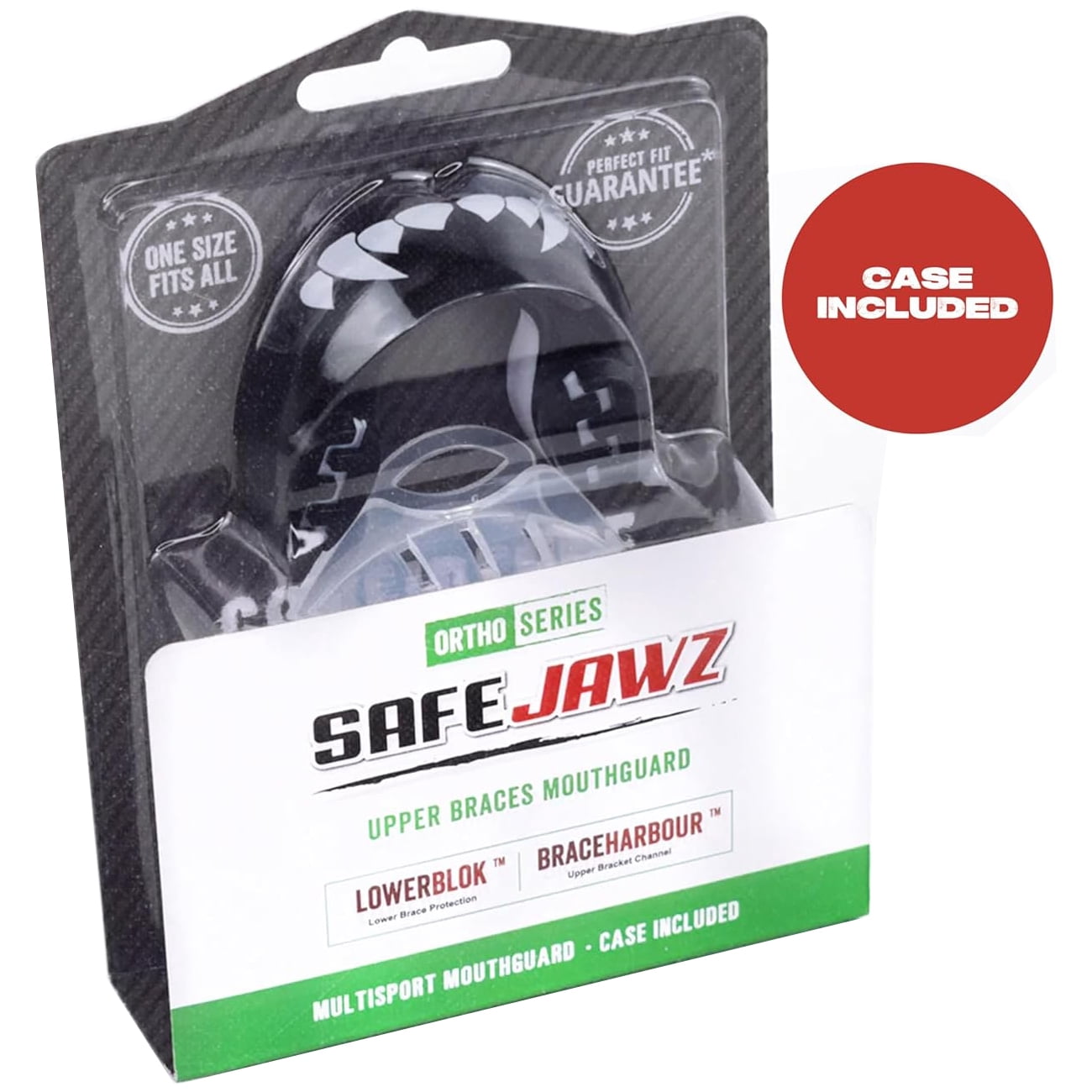 SafeJawz ORTHO Sports Mouth Guard for Braces with Case and Disinfectant Spray Bundle Kit for Basketball, Football, MMA, Hockey, Wrestling - Black Fangz