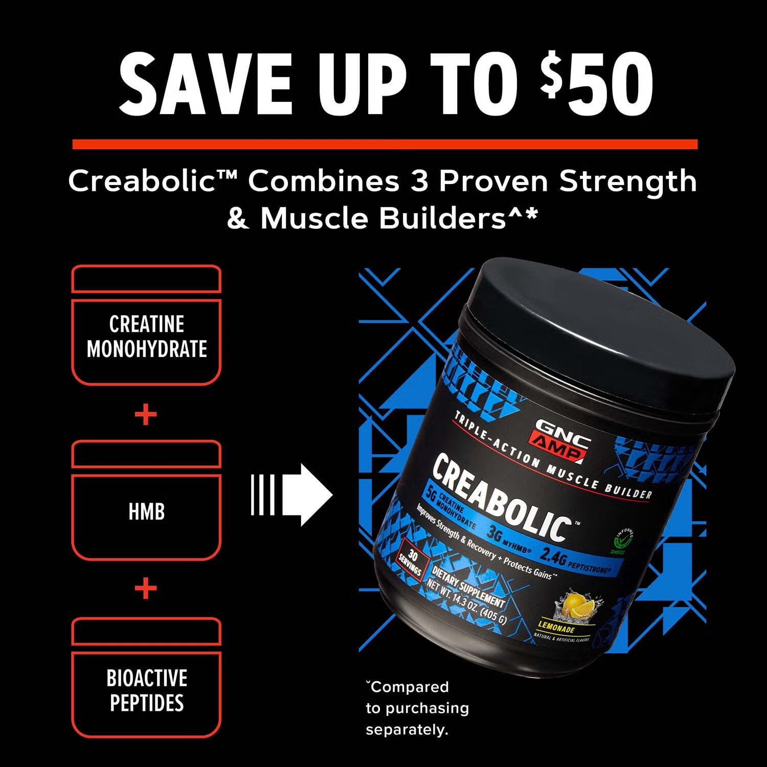 GNC AMP CREABOLIC, Triple Actoin Muscle Builder With 5G Micronized Creatine Monohydrate, 3G of myHMB and 2.4G Peptistrong, Lemonade, 30 servings