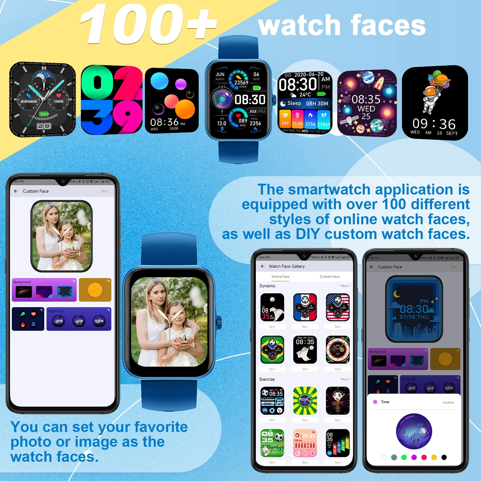 PTHTECHUS 1.83'' Smart Watch for Kids Sport Smartwatch with 37 Sports Modes DIY Watch Touchscreen Phone Calls Music Calculator Excellent Gift for Teenage(Blue)