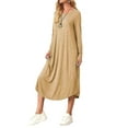 thumbnail image 3 of Women'S Loose Casual Round Neck Long Sleeve Dress Midi Slant Pocket Curved Hem Dress Khaki S, 3 of 9