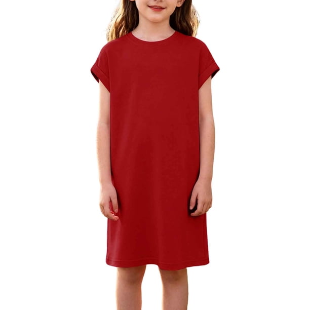 Vestido de Primavera de Niña Vestidos Sueltos Casuales con Bolsillos para 5-14 Años Vestido de Verano de Manga Corta Estirable Suave Y Cómodo para las Vacaciones Escolares