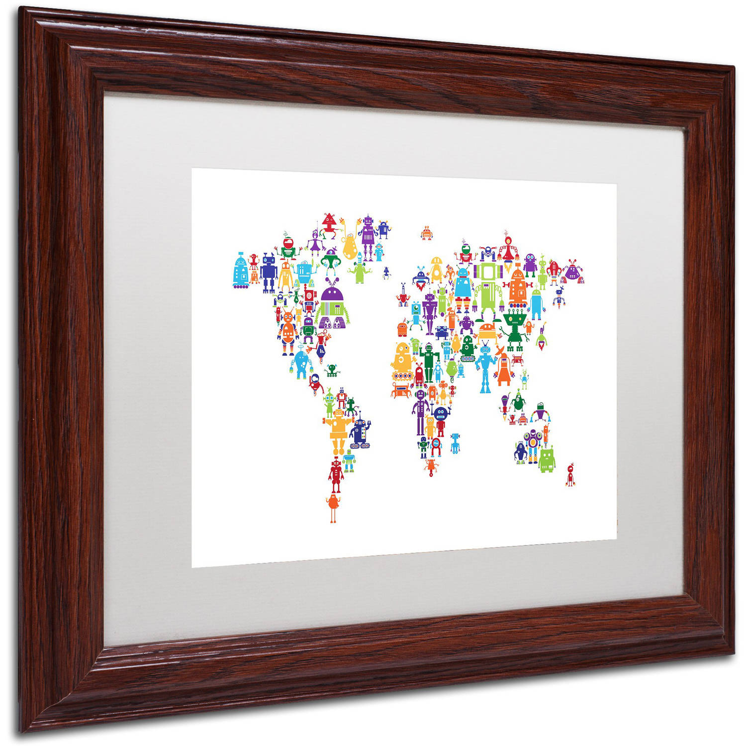 Trademark Fine Art "Robot Map of the World" Canvas Art by Michael Tompsett, White Matte, Wood Frame