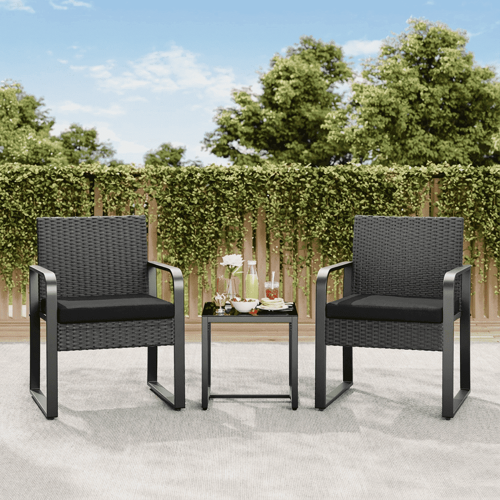 Asofer 3 PCS Patio Furniture Set, Outdoor Bistro Wicker Chair with Glass Table, Poolside, Balcony, Black Cushion