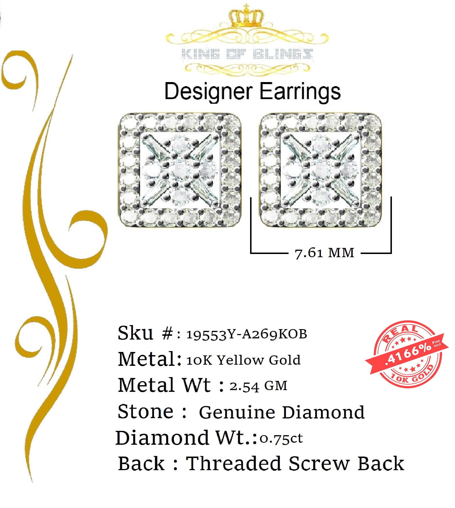 King of Bling's 10K Real Yellow Gold with 0.75 CT Real Diamond Men's /Womens Square Stud Earring