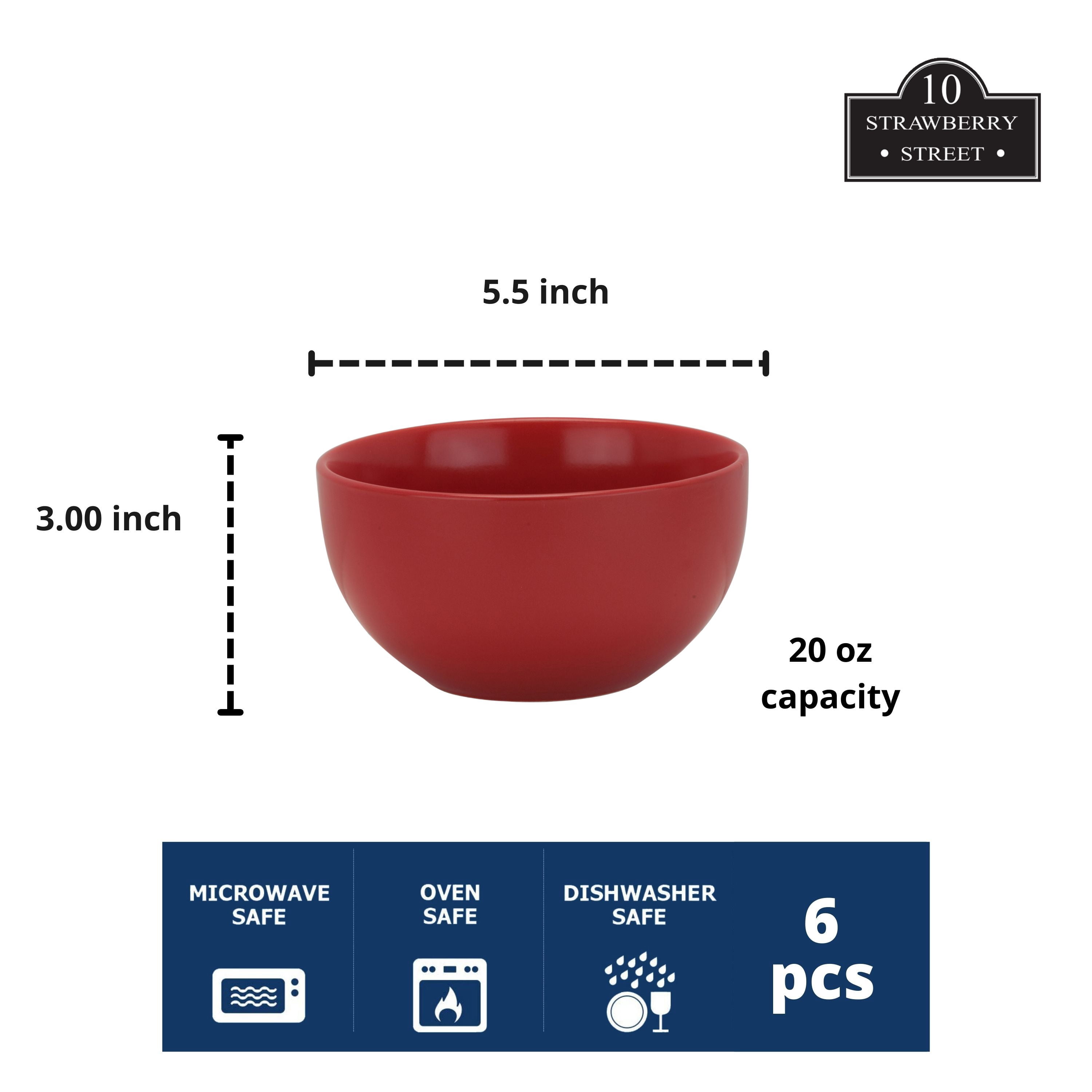 10 Strawberry Street Wazee Matte 5.5"/20oz Cereal Bowl, Set of 6, Red