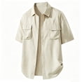 thumbnail image 3 of Men's Solid Color Work Shirt Polyester | Casual Button Down Short Sleeve Shirt Three-Quarter Loose Fit Pockets Button-Down Collar Breathable Daily Office Business | Zenithor,Beige L, 3 of 9