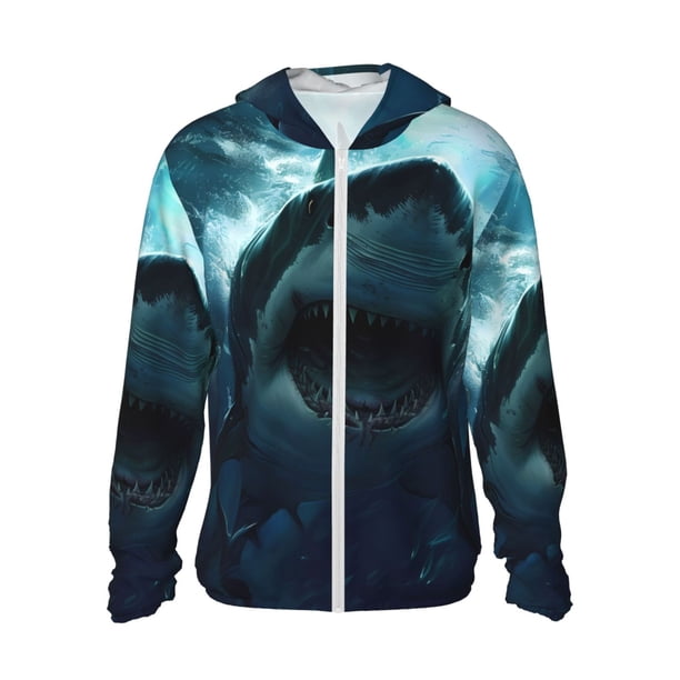 Balery Undersea Shark Sudadera ligera de manga larga con capucha y protección solar UPF 50+ para hombre y mujer, ideal para pesca y running-3X-Large