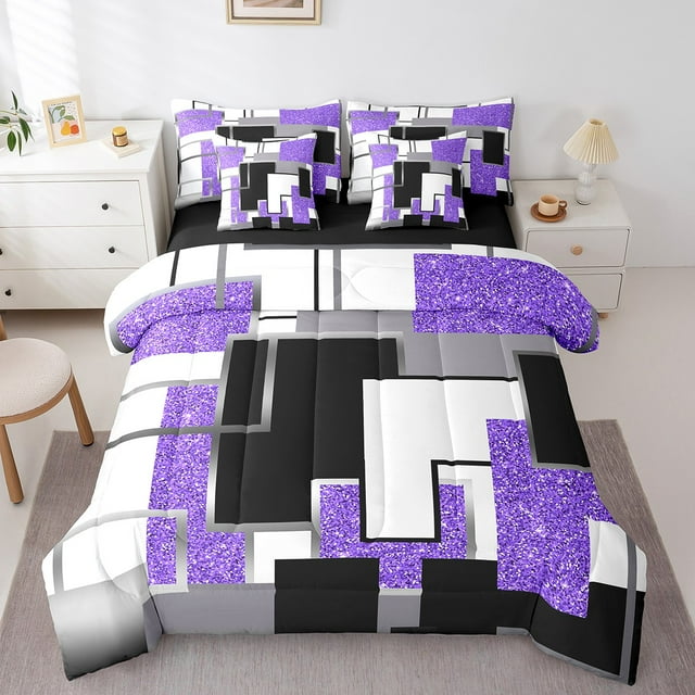 YST Purple Black Grey Queen Comforter Set With Sheets 7 Piece For Girls,Geometric Sequins Bed In A Bag Abstract Grids Bedding Set Geometry Square Checkered Bed Set Soft Lightweight