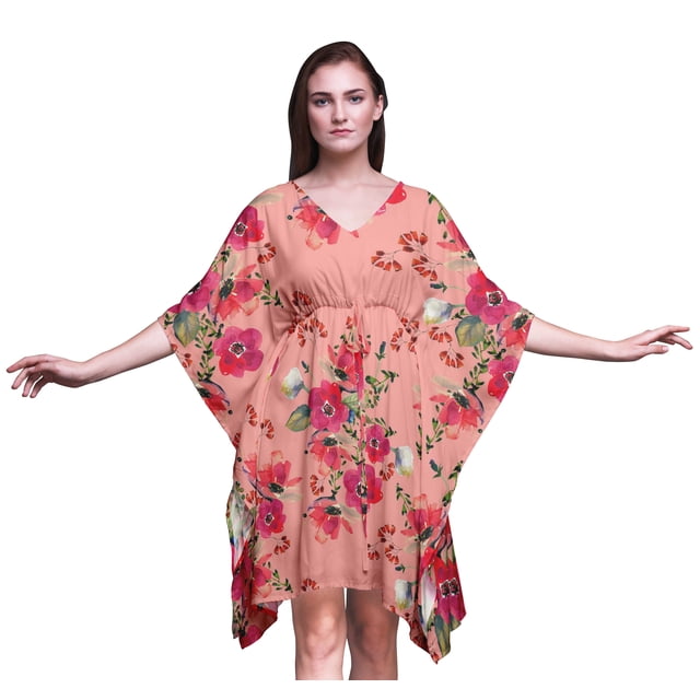 Bimba Kaftan de Plage à Fleurs Robe Midi Courte pour Femmes