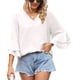 thumbnail image 1 of Blusa con escote en V y mangas con volantes: blusa informal en blanco puro para la oficina y los viajes, talla S, elegante para el verano, 1 of 6