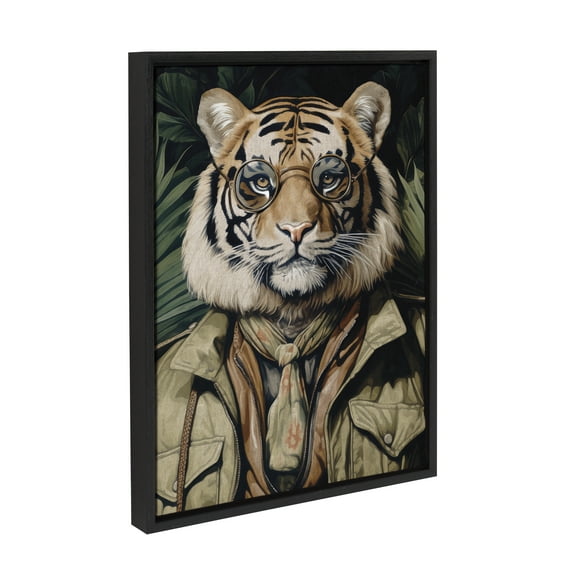 Kate and Laurel Sylvie Dark Academia Jungle Safari Tiger Framed Canvas Wall Art by The Creative Bunch Studio, 18x24 Black, Modern Whimsical Tiger Portrait Art for Wall