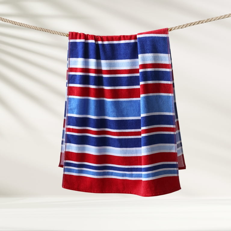 Mainstays Velour Beach Towel, Blue Red Stripe, Multi-Color , 28x60 