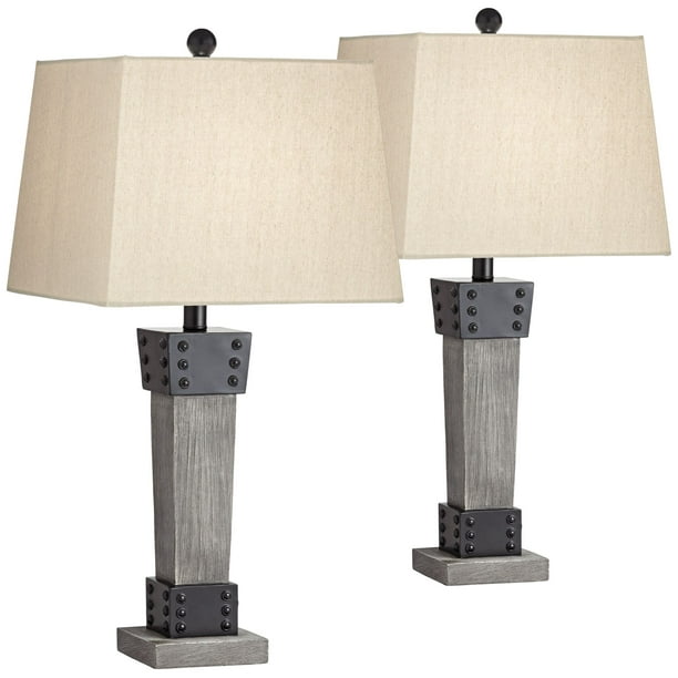 John Timberland Modern Farmhouse Table Lamps Set of 2 LED Gray Wood Dark Metal Rectangular Shade