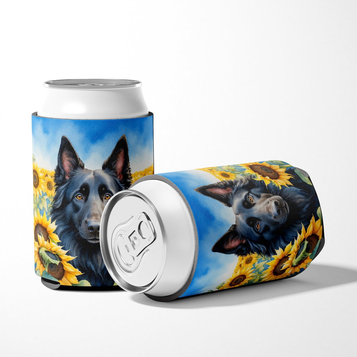 Belgian Sheepdog in Sunflowers Can or Bottle Hugger 3 in x 5 in