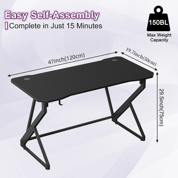 Gaming Desk Z Shaped 47 Inch Gamer Workstation, Home Computer Carbon Fiber Surface Gaming Desk PC Table with Headphone Hook, Carbon Fiber Black