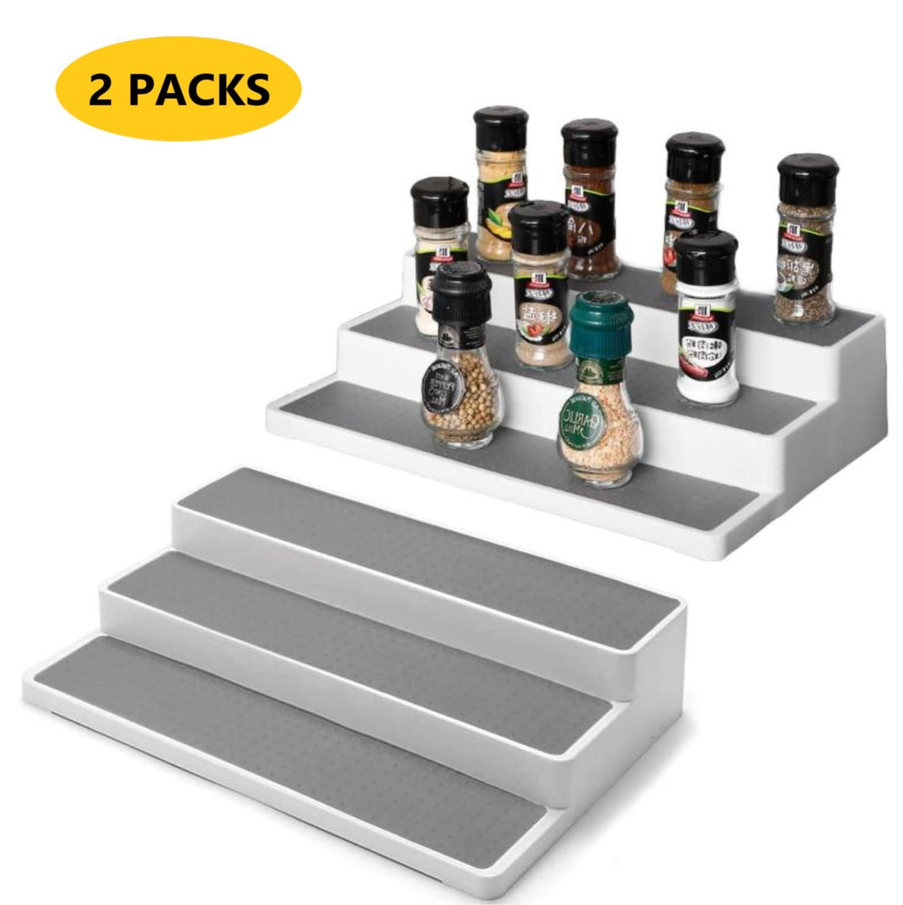 3-Tier Step Spice Rack Organizer, Non-Skid Seasoning Storage Shelf for Kitchen Pantry Cabinet Countertop (2 Pack)
