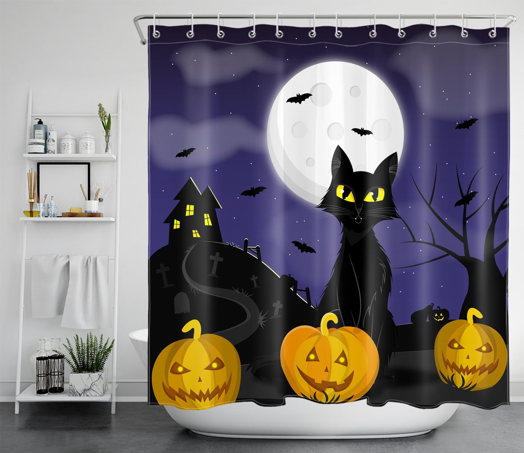 Waterproof Fabric Horror Forest Shower Curtain Halloween Night Bathroom Hooks