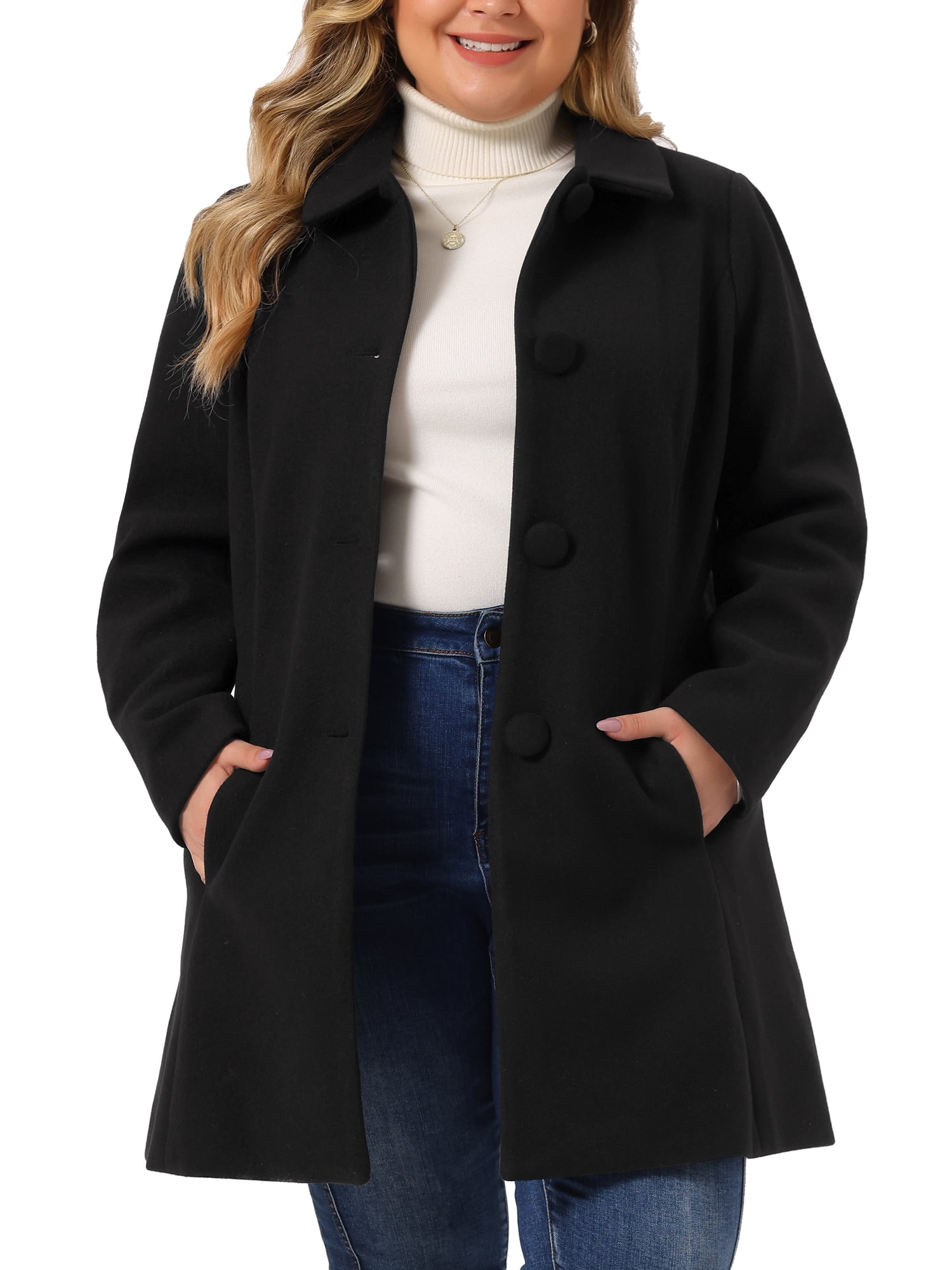 DARING DIVA Women's Plus Size Button Down Single Breasted Peacoat Long Coat 2X Black