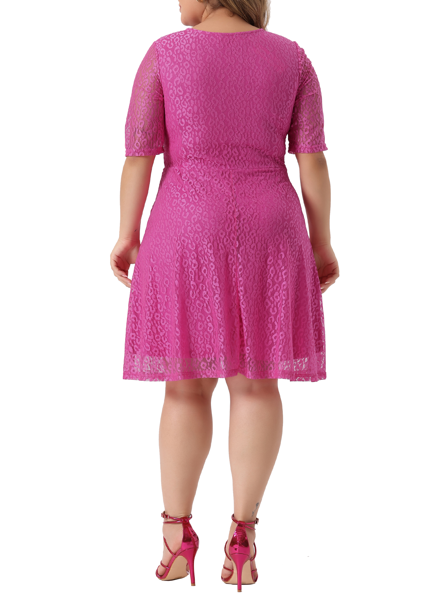 DARING DIVA V Neck Swing A-Line Cocktail Wedding Midi Lace Dress 3X Hot Pink