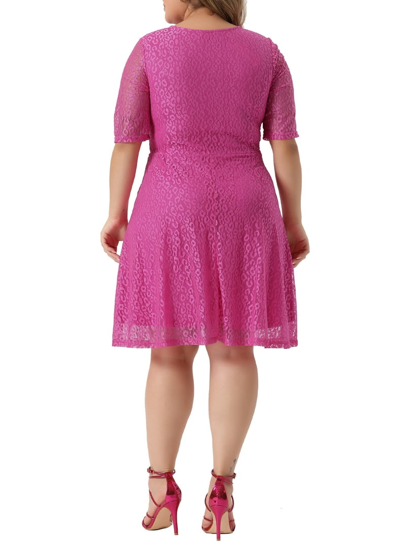 DARING DIVA V Neck Swing A-Line Cocktail Wedding Midi Lace Dress 1X Hot Pink  - Walmart.com