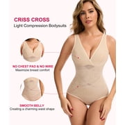 Vaslanda Shapewear Bodysuits for Women Tummy Control Faja Body Shaper Waist Trainer V Neck Body Suit with Built in Bra