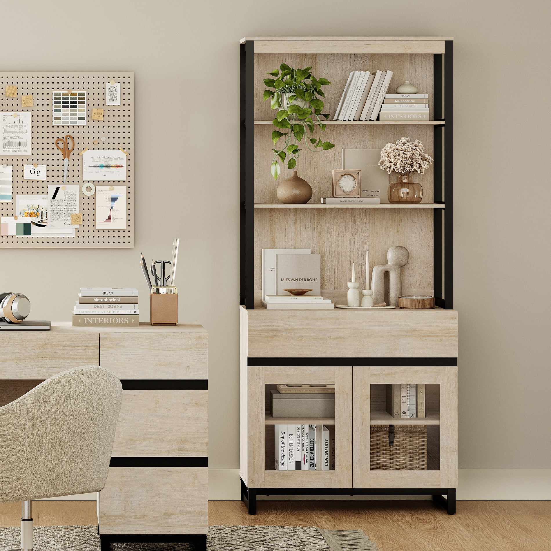 WAMPAT Modern 72" Tall Bookcase with Drawer and Open Book Shelfs, Library Book Shelf with Glass Doors Storage Cabinet, Wood Freestanding Bookshelf for Home Office, Living Room,Beige