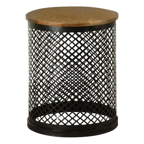Pemberly Row Round Contemporary Metal Drum Base Accent Table in Black/Natural