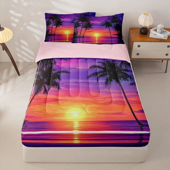 jejeloiu Neon Palm Sunset Zipper Twin Comforter Sets with Fitted Sheet and 2 Pillowcases For Girls,Beach Scene Print Zipper Bedding Set,Multicolor,Pink Reversible,4-Piece