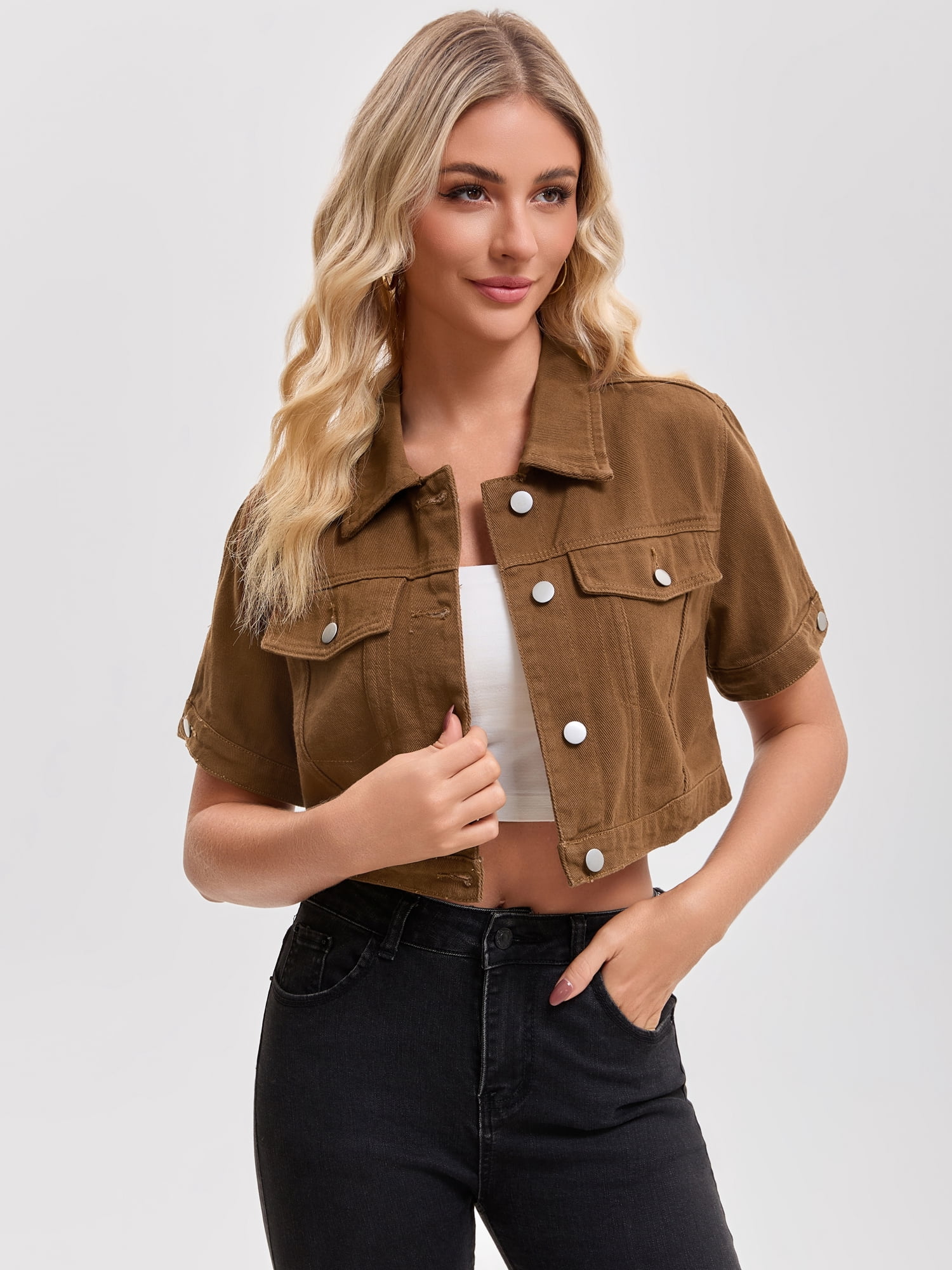 DARING DIVA Women's Short Sleeve Denim Rendy Casual Cropped Jean Jacket L Dark Brown