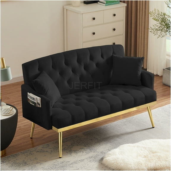 JERFIT Modern Velvet Loveseat Sofa with Gold Metal Legs, Tufted Back and Pillows for Small Space, Apartment, Living Room