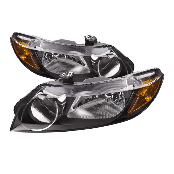 HEADLIGHTSDEPOT Black Housing Halogen Headlights Compatible With Honda Civic 2006-2008 4 Door Sedan Includes Left Driver and Right Passenger Side Headlamps