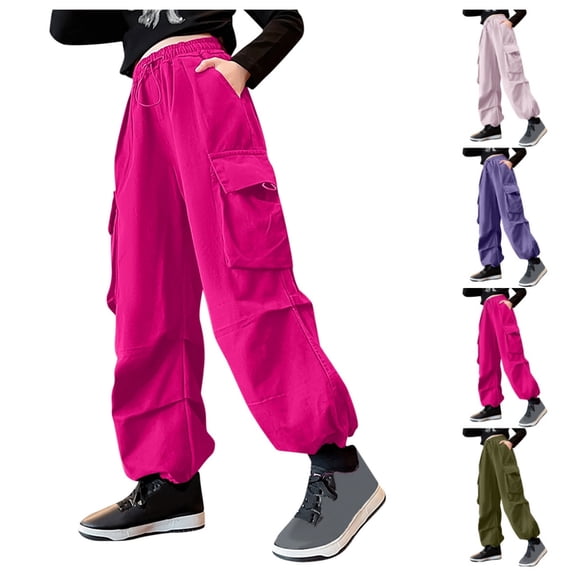 Quotay Girls Cargo Pants Casual High Waisted Loose Fit with Pockets Kid Sweatpants Streetwear Cargo Sweatpants Hot Pink,3-4 Years