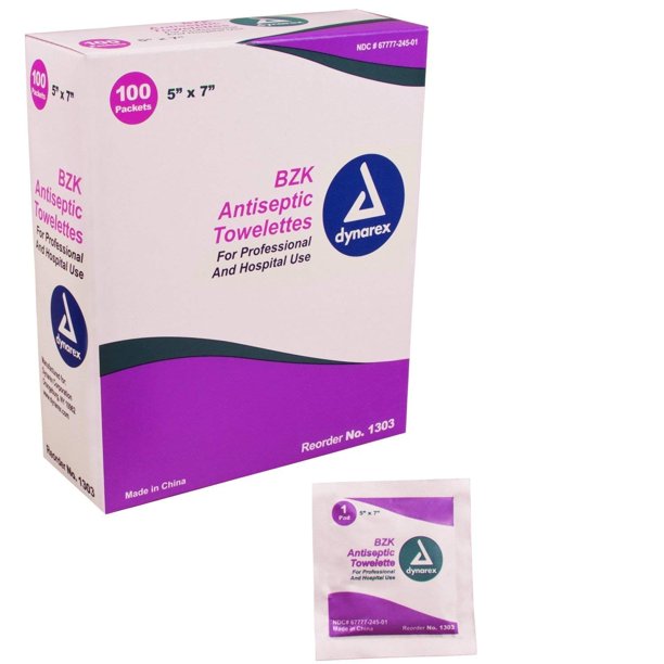 Box Of 100 BZK Antiseptic Towelettes, For effective cleansing By