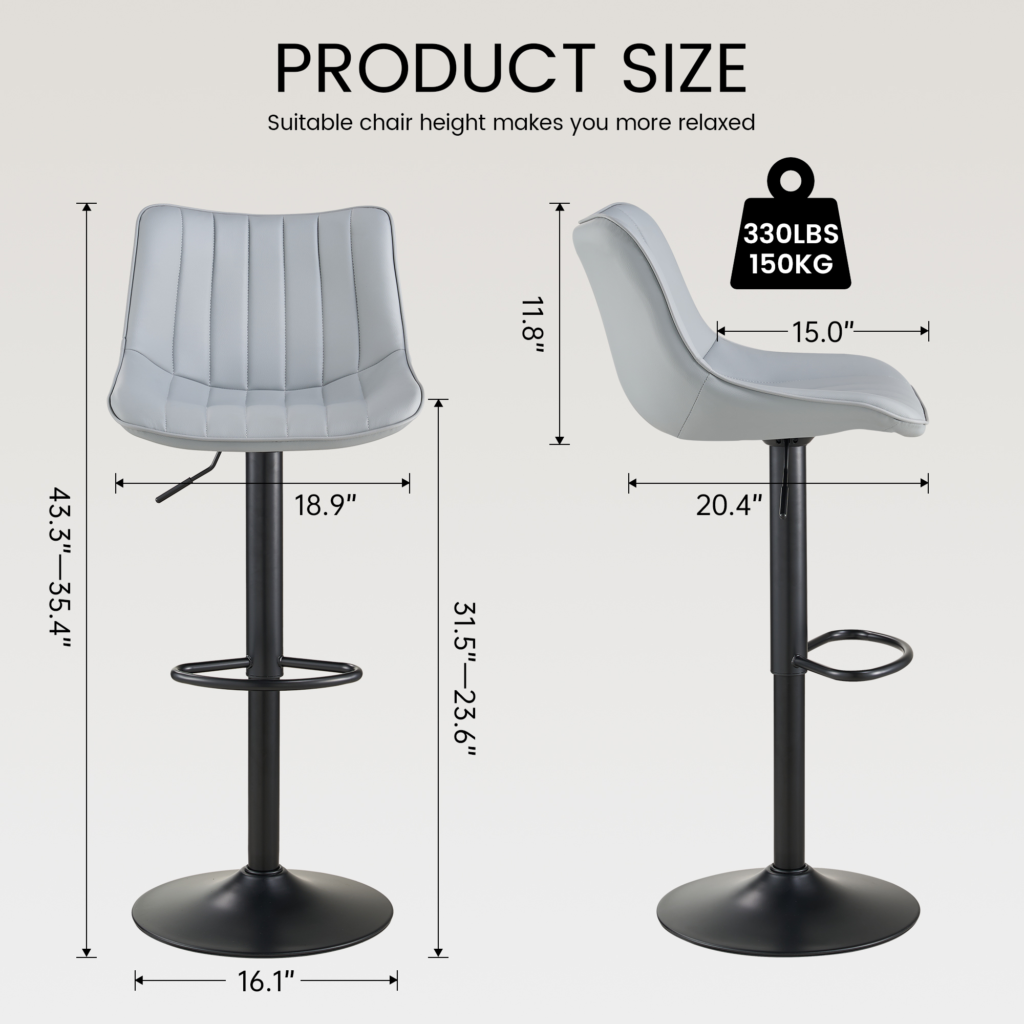 SAETSFEG Bar Stools Set of 2, Adjustable Swivel Counter Height Bar Stool with Footrest, Modern PU Leather Bar Chairs for Kitchen Island, Dining Room, Lightgrey
