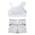 thumbnail image 3 of Alvivi Girls Gymnastic Ballet Dance Outfits Sequin Asymmetrical Shoulder Ruffle Crop Top with Shorts Set Metallic Silver 14, 3 of 7
