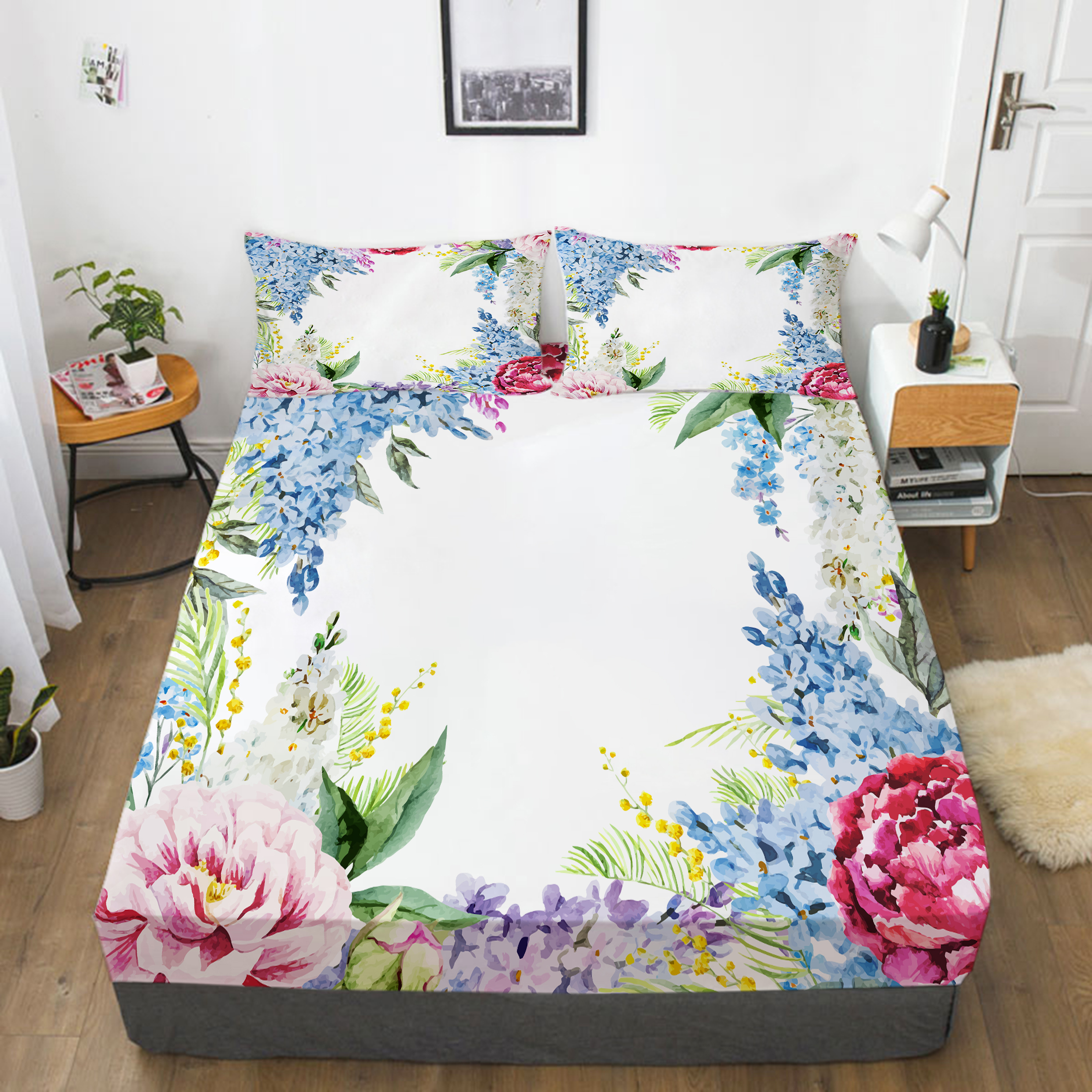 3D Fitted Sheet Set Flowers Print Bed Cover Lovely Bedspread Girls