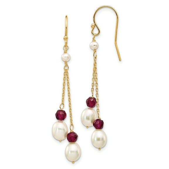 Primal Gold 14 Karat Yellow Gold White Freshwater Cultured Pearl Garnet Double Chain Dangle Earrings