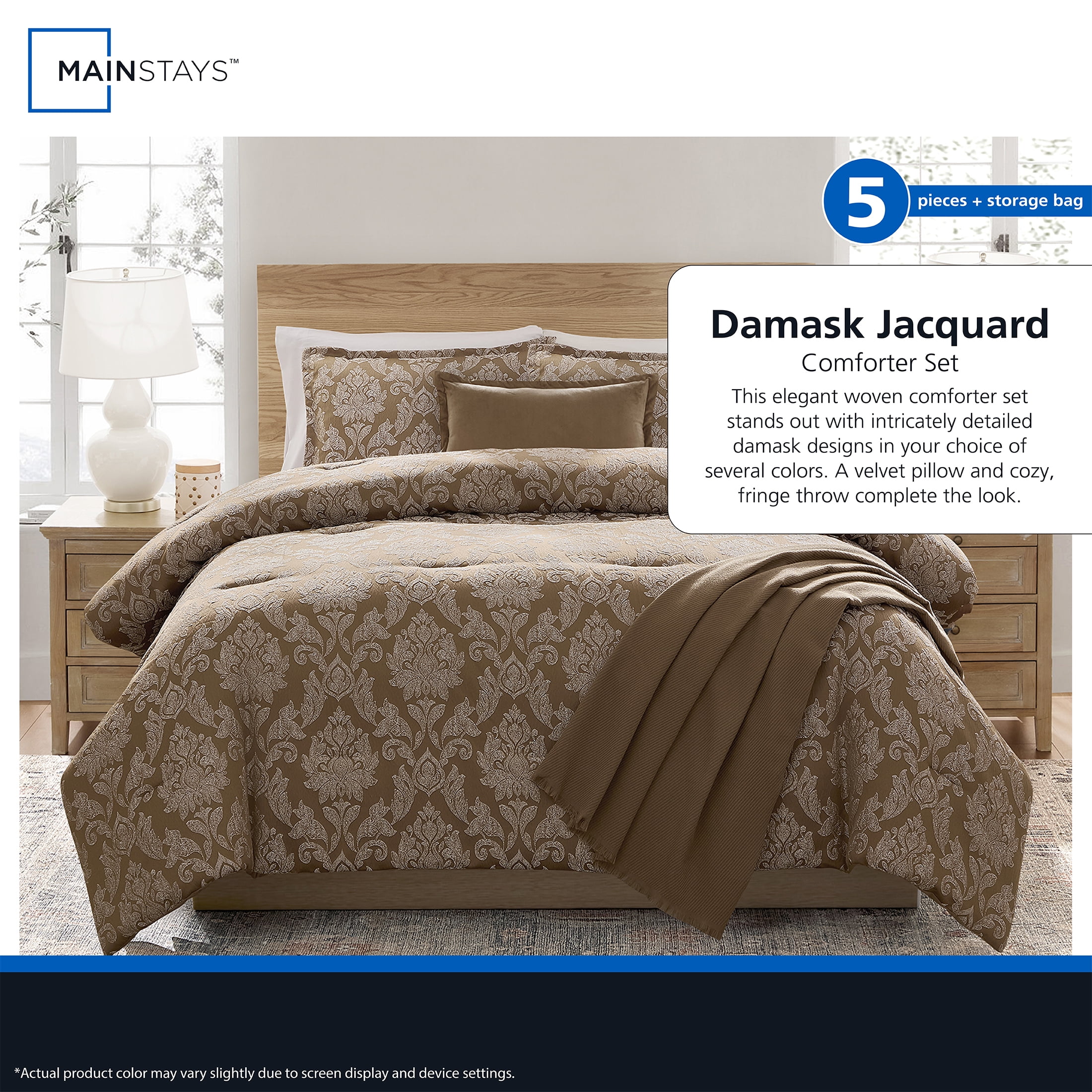 Mainstays Damask 4-Piece Brown Jacquard Comforter Set, Twin/Twin XL