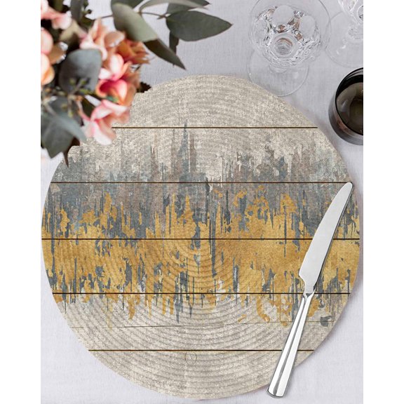 15 Inch Round Placemats Set of 6, Yellow Grey Abstract Non Slip Heat Insulation PP Table Mats, Gradient Geometric Graffiti Retro Wooden Washable Place Mats for Kitchen Dining Party Table Decor