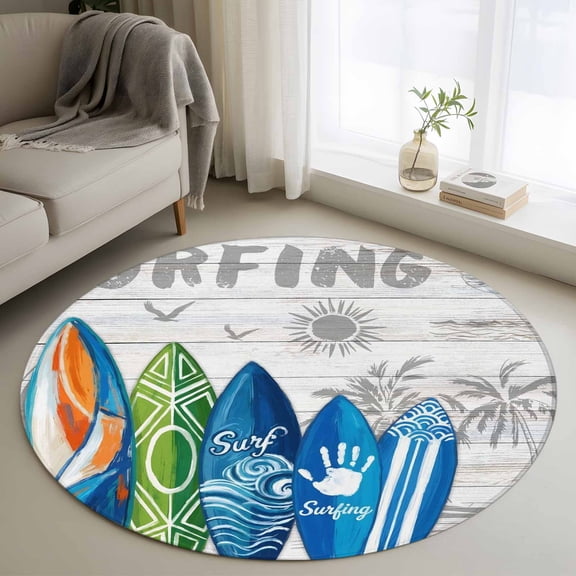 Rustic Beach Round Area Rug 3Ft Washable Small Circle Rugs for Kitchen Entryway, Tropical Surfboard Palm Tree Wooden Grain Non-Slip Carpet Floor Mats Indoor Outdoor Carpet Runner Aesthetic Home Decor