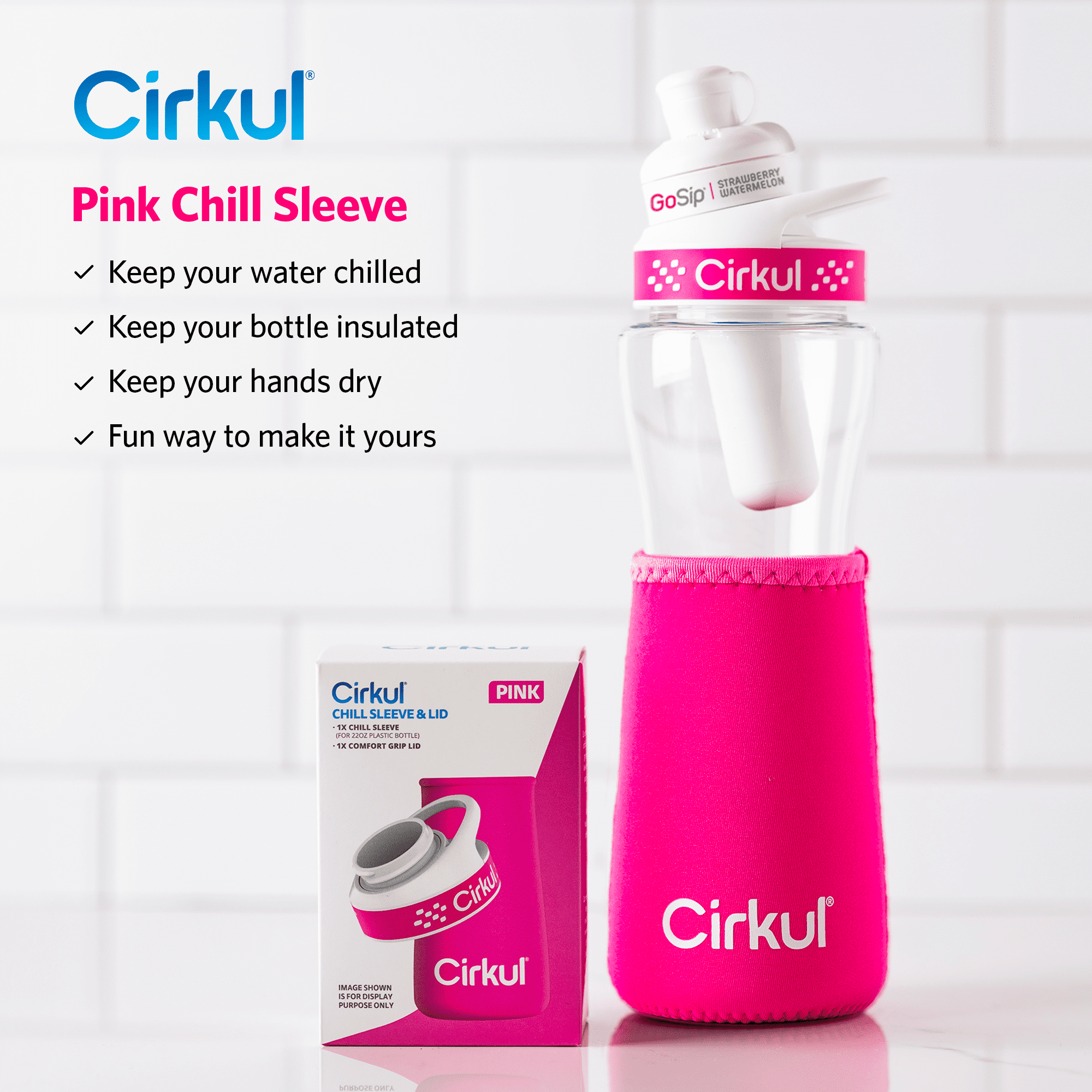 Cirkul Pink Stainless Steel Water Bottle With Pink Grip Lid 12oz